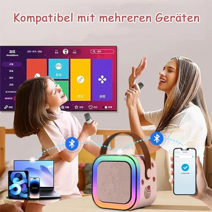 LAMJAD Karaoke Machine for Kids with 2 Wireless Microphones, Portable Bluetooth KTV System with LED Lights and Voice Effects, Gifts for Ages 3-12 Children (Pink)