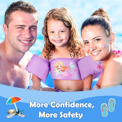 MoKo Kids Arm Floaties, Cartoon Floating Swimsuit Swim Training Jacket with Buckle for Boys Girls, 20 to 50 lbs - Purple & Star Mermaid