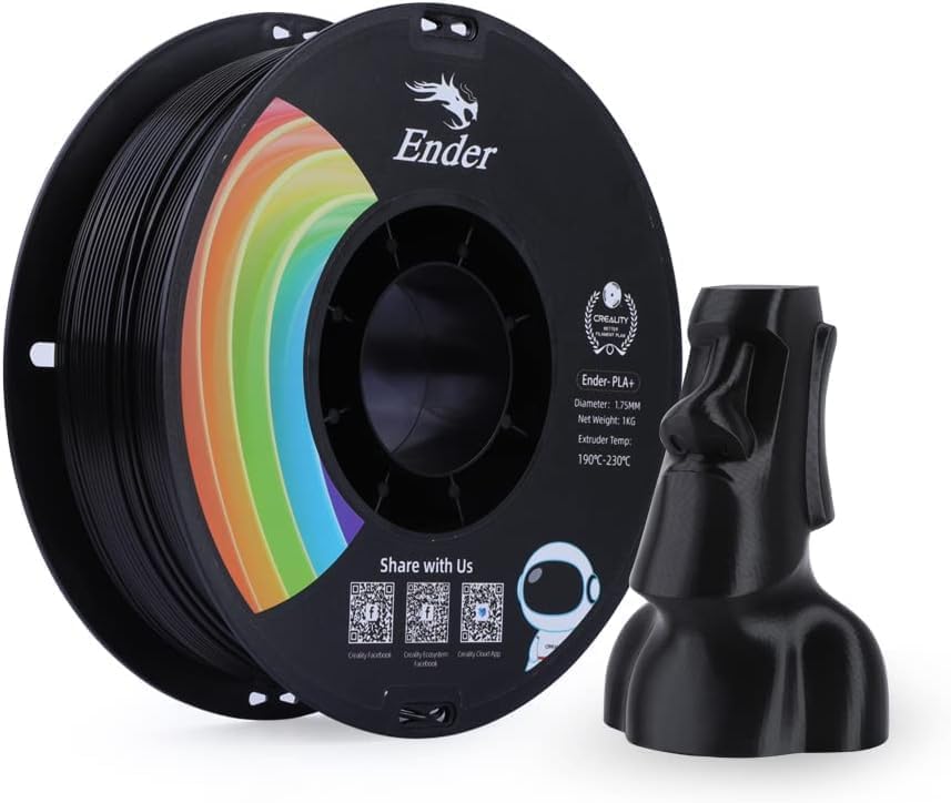 Creality Ender PLA+ filament for 3D printers, 1.75mm 3D printing filament, 1kg spool, dimensional accuracy +/- 0.02mm, compatible with most FDM 3D printers Black
