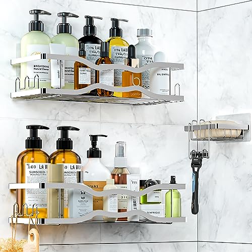PNNP Shower Caddy without Drilling 3 pcs, Shower Shelf with 12 Hooks Soap Dish and Razor Holder, Bathroom Rack Stainless Steel for Shampoo and Shower Gel, Bath Rack Shower Caddy, Silver