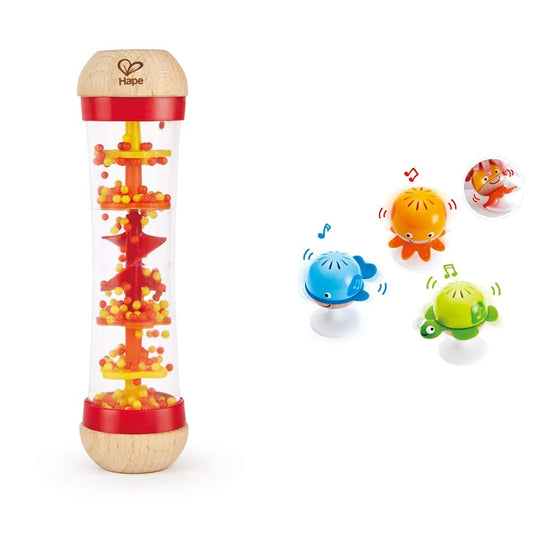 Hape Suction Cup Rattle Set | THREE aquatic animals with teething elements | Educational toy set for babies & Rainmaker | Mini wooden rattle Rainmaker toy, Red