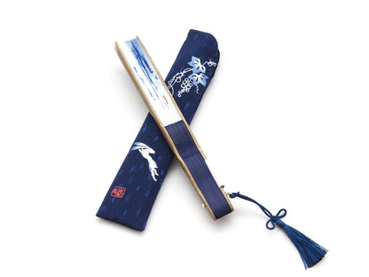 Maisendo hand fan Yoru, blue-white, made of bamboo wood and Japanese cotton, linen premium quality fabric case and gift box.