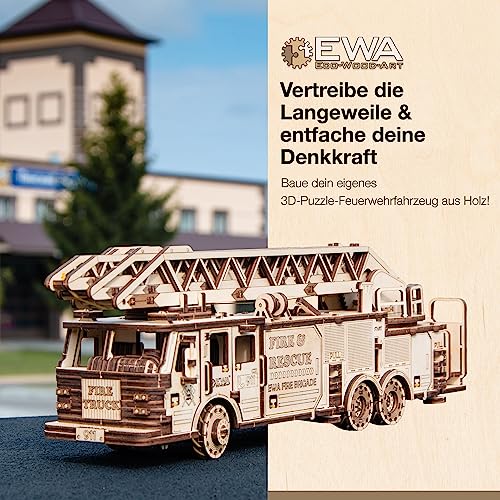 MagicWood - Mechanical 3D Puzzle Wood Fire Truck - DIY wooden puzzle kit for adults & kids - model kit to assemble without tools & glue - wooden construction kit