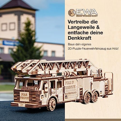 MagicWood - Mechanical 3D Puzzle Wood Fire Truck - DIY wooden puzzle kit for adults & kids - model kit to assemble without tools & glue - wooden construction kit