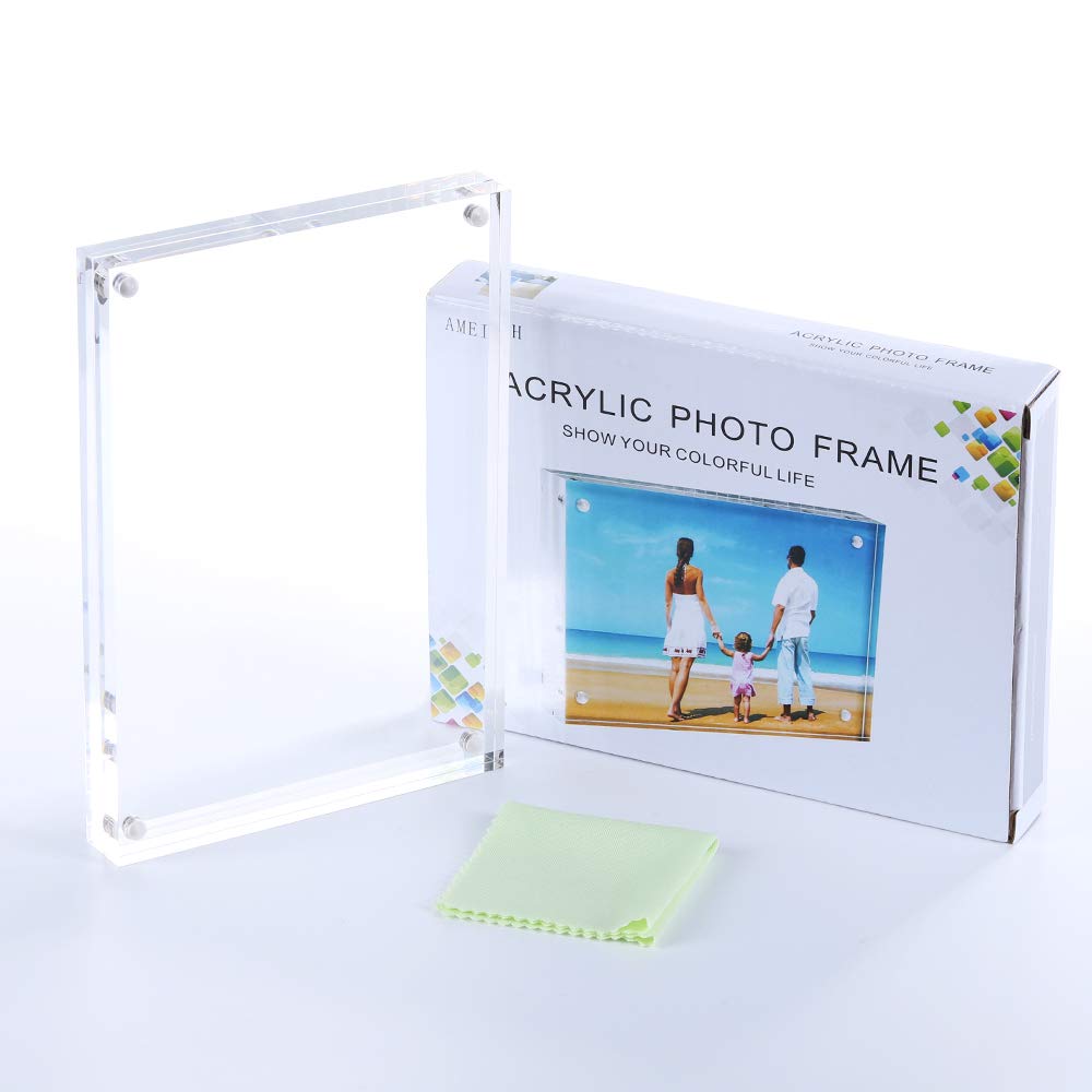 AMEITECH 13x18 cm acrylic photo frames, magnetic picture frames, 10 + 10 MM thick stands for desk or table, clear - 5 pack