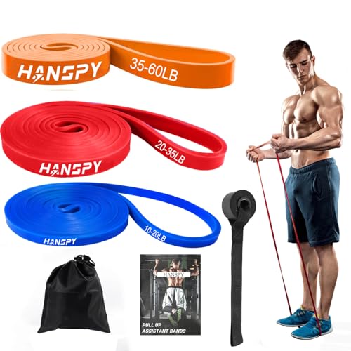 Resistance bands set by HANSPY, suitable for men and women. Includes pull-up assistance bands for strength training, home workouts, physiotherapy, yoga. Comes with door anchor, carrying bag, and workout guide.