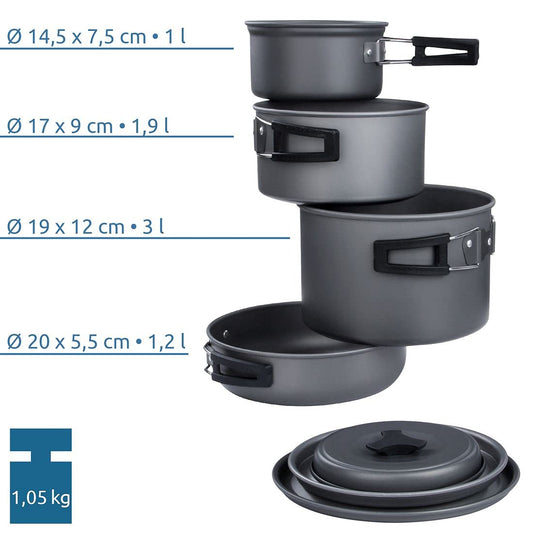 yourGEAR Ranger V - 7-piece camping cookware set for 4-5 people - Durable, non-stick aluminum - Pot and pan set in mesh bag for camping and outdoor use