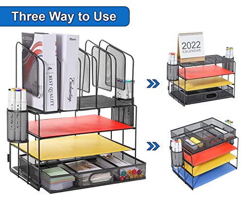 Restorgan Mesh Desk Organizers, Desk Organizer with drawer, 4-tier Mesh Desk Organizer with 5 vertical file holders and 2 pen holders.