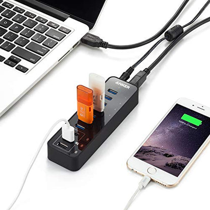 Anchor 10 Port 60W Data Hub USB 3.0 7-Port with 3 PowerIQ charging ports, compatible with MacBook, Mac Pro/Mini, iMac, XPS, Surface Pro, iPhone 7, 6s Plus, iPad Air 2, Galaxy Series, Mobile HDD, and more.