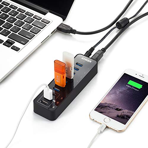 Anchor 10 Port 60W Data Hub USB 3.0 7-Port with 3 PowerIQ charging ports, compatible with MacBook, Mac Pro/Mini, iMac, XPS, Surface Pro, iPhone 7, 6s Plus, iPad Air 2, Galaxy Series, Mobile HDD, and more.