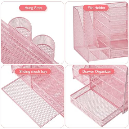 Marbrasse Desk Organizer with File Holder, 5 Compartments, Paper and Letter Tray, with Drawer and 2 Pen Holders, Mesh, Storage with Magazine Rack for Office Supplies, Pink