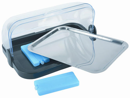 APS Buffet Display Case - Double-sided transparent roll top cover, one tray, ONE stainless steel tray, and TWO cooling packs - Made in Germany.
