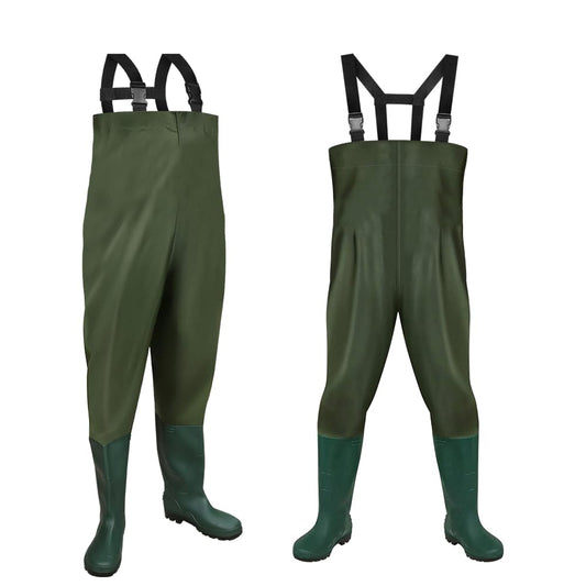 Jiubiaz 70D Nylon Composite PVC Waders with non-slip rubber boots. Ideal for construction sites, fishing, farms, and gardens. Suitable for ponds and floodwaters. Size M.