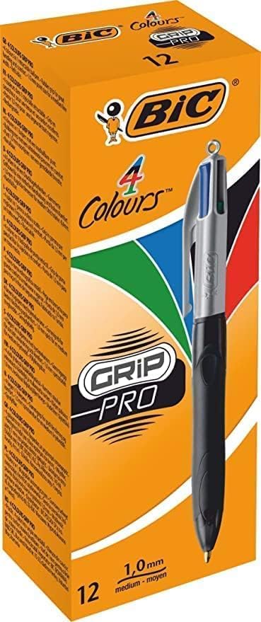 BIC 4 Colours Ballpoint Pen Set 4 Colours Grip Pro, with rubberized grip area, 3 x 12 pack, Ideal for office, home office, or school.