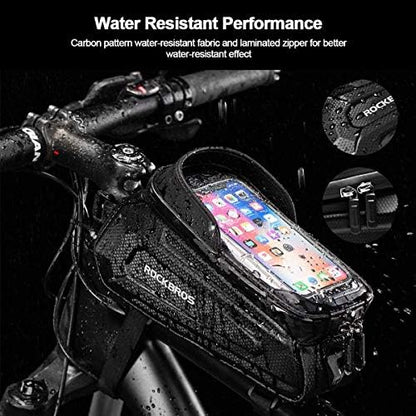 ROCKBROS bike frame bag handlebar bag water resistant phone pouch for smartphones up to 6.8 inches with TPU sensitive touchscreen for mountain bikes, road bikes, ebikes