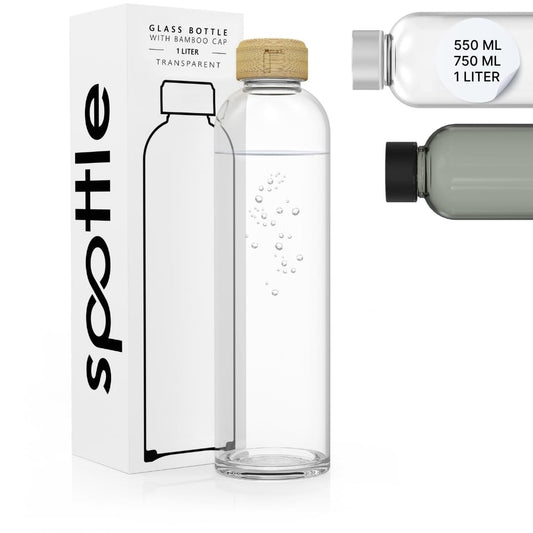 Spottle Glass Water Bottle 1L - Glass bottle available in 500ml, 750ml, 1 liter - Suitable for carbonated drinks - Dishwasher safe & leak-proof Glass Drinking Bottle