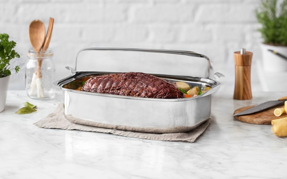 3 in 1 Stainless Steel Roaster 36 x 24 x 9.6 cm (7.2 L) Induction Oven Dish with Lid, including removable rack.