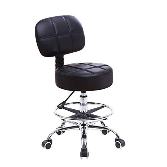 KKTONER rolling stool work stool with backrest adjustable height 53-68cm salon stool PU leather black