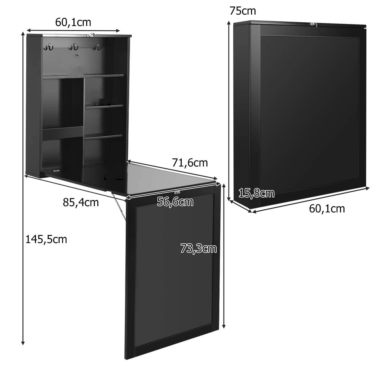 RELAX4LIFE Wall-Mounted Folding Table, Foldable Desk with Chalkboard & 6 Compartments, Multifunctional Fold-down Table, Wooden Wall-Mounted Table, Dining Table, Desk for Dining Room & Living Room & Kitchen (Black)