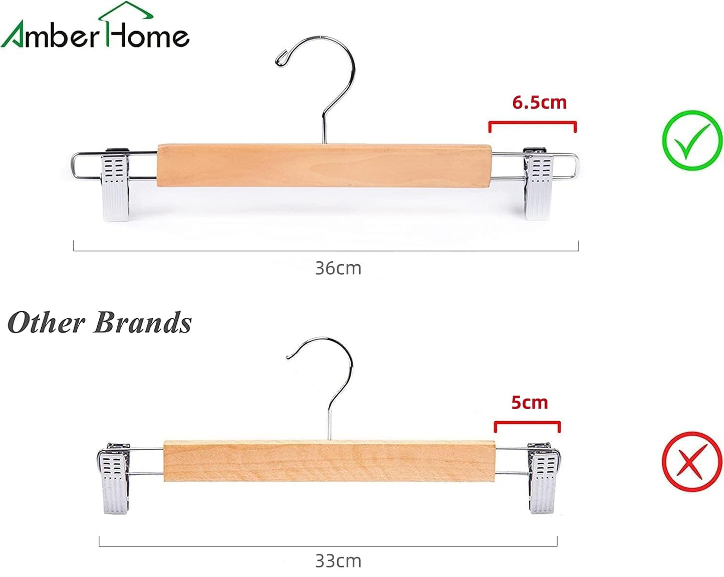 Amber Home 10PCS 36cm Natural Wood Hangers, Sturdy and Glossy Pants Hangers for Trousers Shorts Skirt Socks Underwear, with Non-slip Clips and Swivel Hook