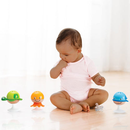 Hape Suction Cup Rattle Set | THREE aquatic animals with teething elements | Educational toy set for babies & Rainmaker | Mini wooden rattle Rainmaker toy, Red