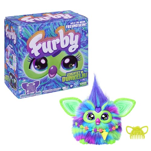 Furby Galaxy, glows in the dark, interactive plush toy - German Version, Silver/Blue/Purple