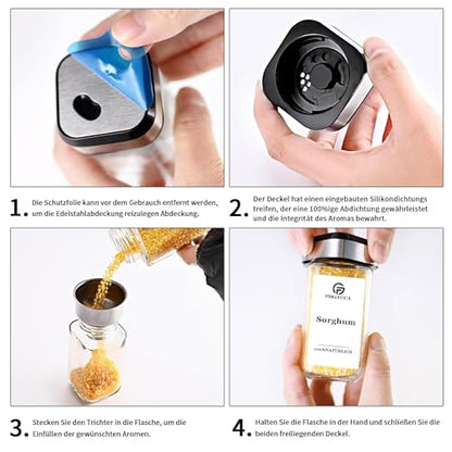 SIAZIH 12×120ml spice jars square, spice containers with snow white German labels, spice jars glass with rotatable spice hole lid, spice organizer for tidy storage of spices.