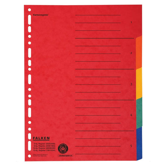 20x Original Falcon cardboard dividers oversized for DIN A4+ 24.5 x 30 cm full height with organizational print 5-part full color for filing brochures and clear sleeves.