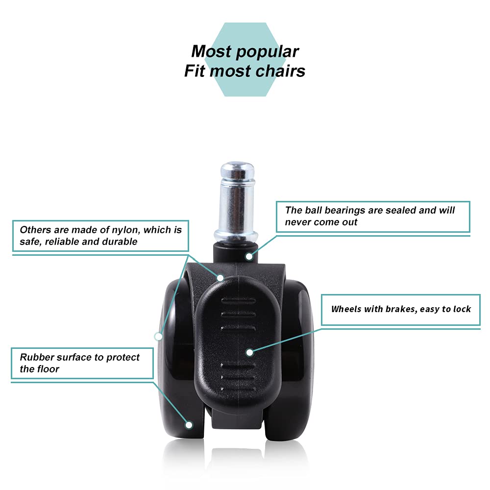 Office chair casters with brakes 11mm hard floor castors for office chairs 5-piece set replacement casters desk chair castors, rubber castors for carpet and parquet floors and tiles, office chair castors 50mm up to 250kg
