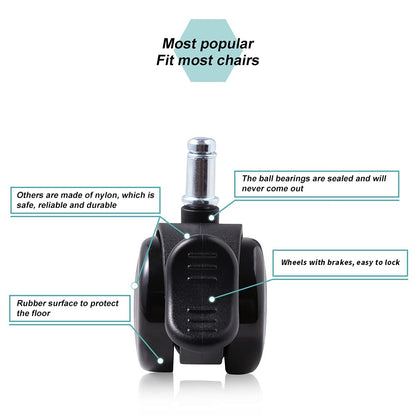 Office chair casters with brakes 11mm hard floor castors for office chairs 5-piece set replacement casters desk chair castors, rubber castors for carpet and parquet floors and tiles, office chair castors 50mm up to 250kg