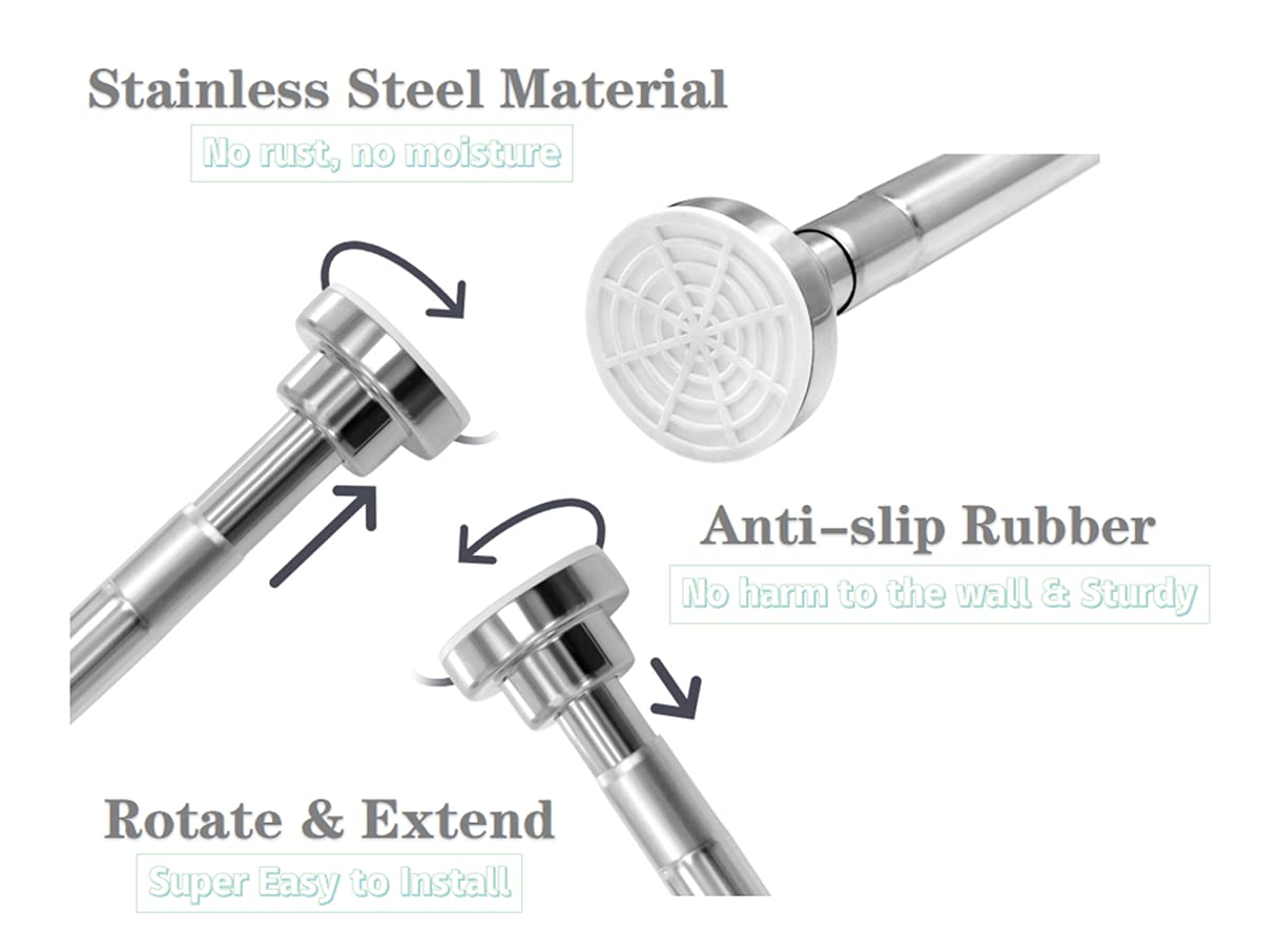 Telescopic stainless steel shower curtain rod 155-260cm, secure grip without drilling, silver clothes rail