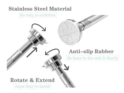 Telescopic stainless steel shower curtain rod 155-260cm, secure grip without drilling, silver clothes rail