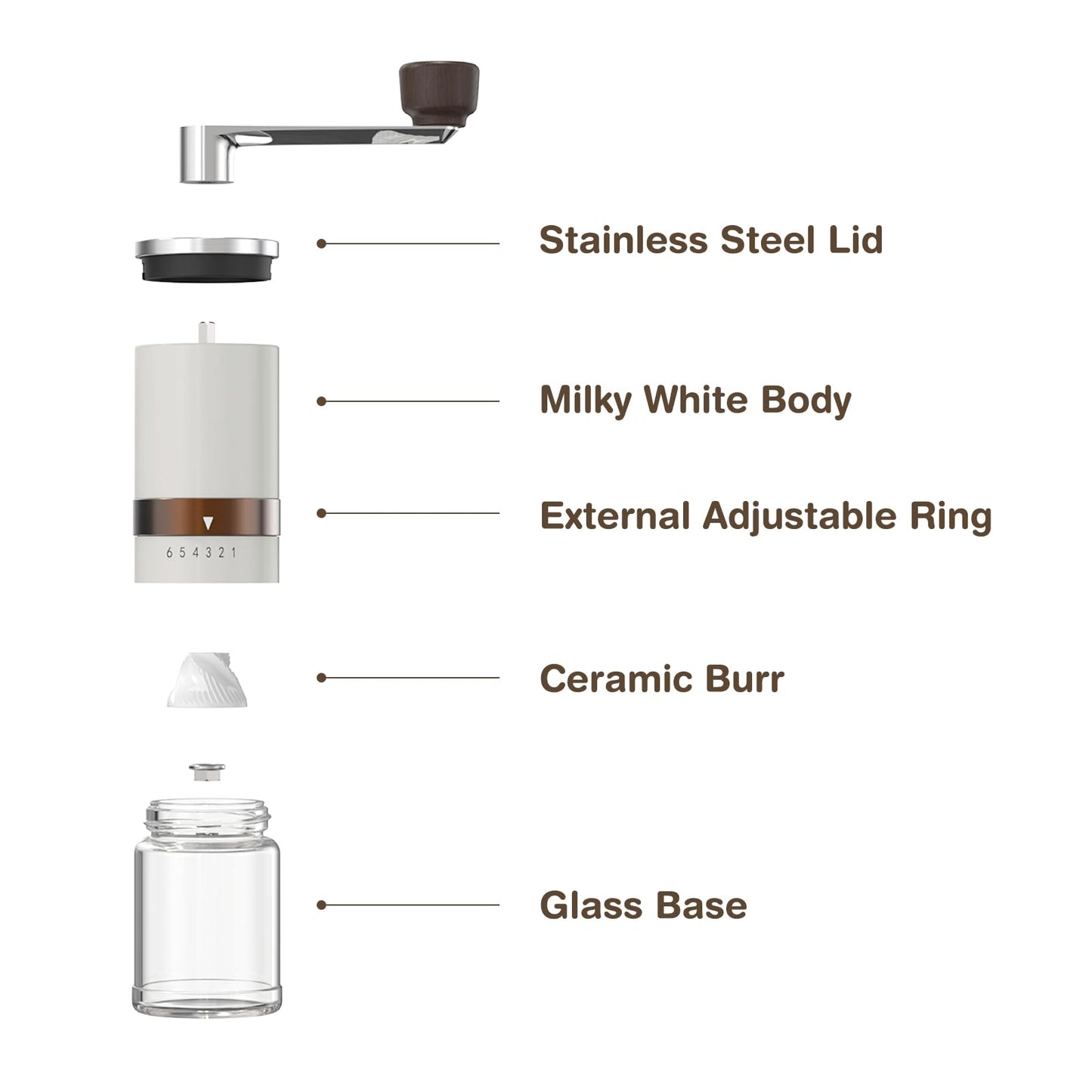 Vucchini Manual Coffee Grinder with External Adjustable Coarseness, Stainless Steel, Ceramic Conical Burr, Milk White, Portable Grinder for On-the-Go in Home Office.