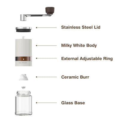 Vucchini Manual Coffee Grinder with External Adjustable Coarseness, Stainless Steel, Ceramic Conical Burr, Milk White, Portable Grinder for On-the-Go in Home Office.