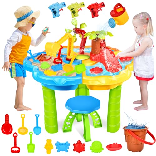 JONRRYIN Sand Water Table for Toddlers, 3-Tier Kids Sand Water Table Toy, Water Play Table Outdoor Beach Toy, Large Play Table Summer Water Toy for Boys (Dark Green)