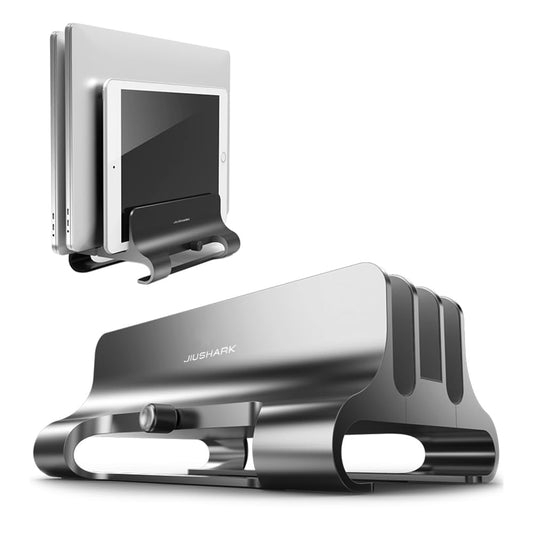 The aluminum vertical laptop stand, 3-slot space-saving adjustable notebook stand for iPad, MacBook & laptops up to 17.3 inches (gray)
