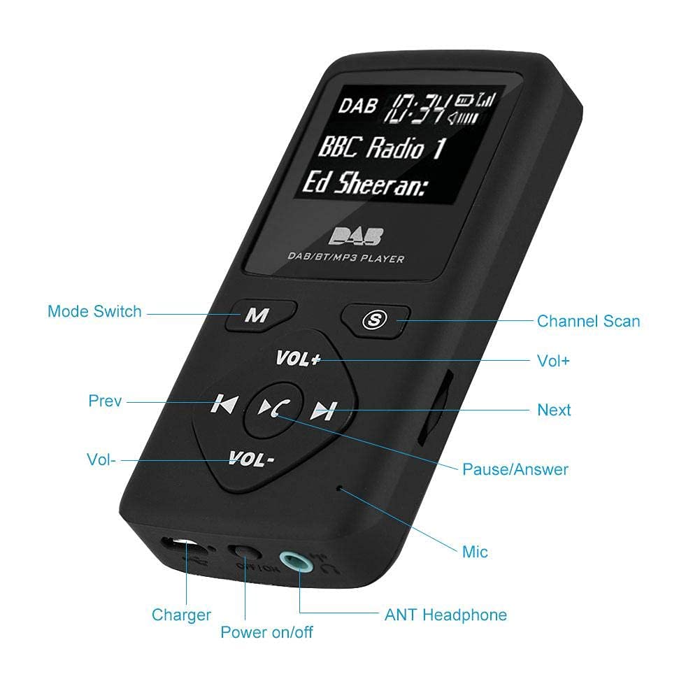 Richer-R DAB Pocket Digital Radio, Portable 1.8-inch LCD DAB/DAB+ Pocket Digital Radio Bluetooth MP3 Player, Digital Radio Player with Headphones FM Transmitter Function Black
