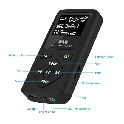 Richer-R DAB Pocket Digital Radio, Portable 1.8-inch LCD DAB/DAB+ Pocket Digital Radio Bluetooth MP3 Player, Digital Radio Player with Headphones FM Transmitter Function Black