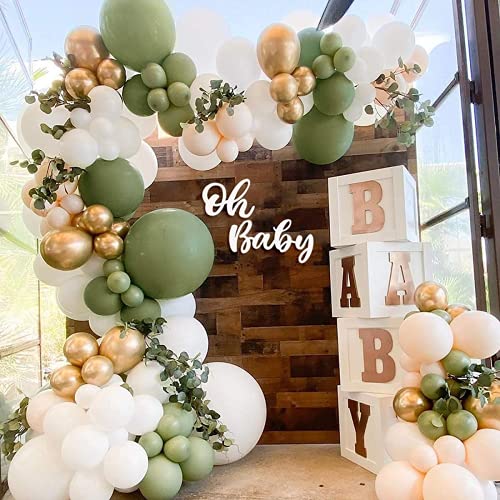 Sage green balloon arch garland kit - 125 piece avocado olive green balloon arch set with white gold latex balloons for birthday, party, baby shower decorations.