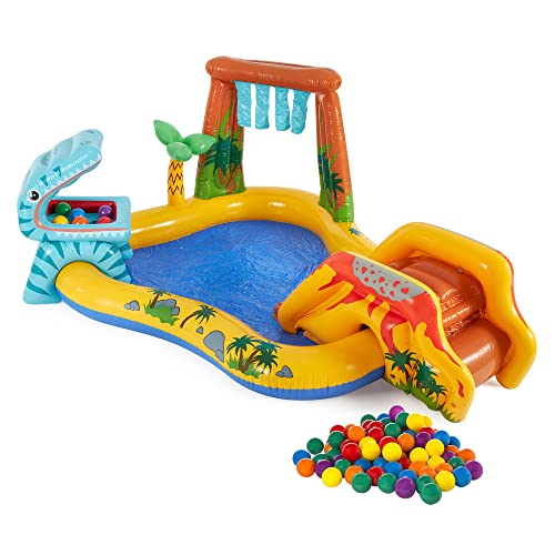 Intex Dinosaur Water Sprayer Play Center measuring 20 x 1.2 m, inflatable kids pool with colorful Fun Ballz, 100 pieces.