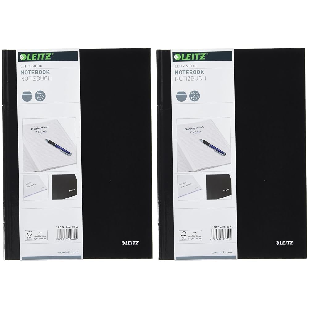 Leitz A4 Notebook, 80 Sheets, Hardcover, Lined Pages, Solid, Black, 46650095 (Pack of 2)