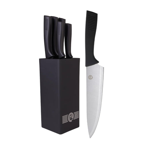 MasterChef knife block with knife cake knife set with Santoku knife, bread knife, chef's knife, vegetable knife, and utility knife, stainless steel, sharp, 5-piece, soft-touch handles.