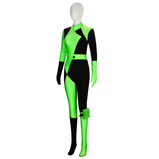 Funhoo Women's Shego Cosplay Costume Bodysuit Jumpsuit with Gloves Leg Bag Green and Black Women's Outfit for Halloween Party Carnival, S
