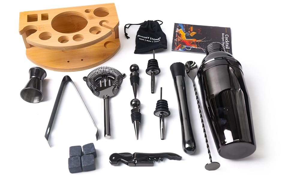 ZBPASL 16pcs Cocktail Shaker Set, Cocktail Set with Cocktail Shaker, Jigger, Ice Tongs, Set for Mixing Cocktails with Muddler, Bottle Opener, Shaker Cocktail Set, Bar Tool Set (Black 02)