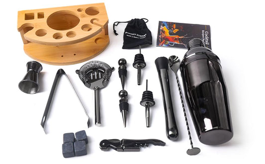 ZBPASL 16pcs Cocktail Shaker Set, Cocktail Set with Cocktail Shaker, Jigger, Ice Tongs, Set for Mixing Cocktails with Muddler, Bottle Opener, Shaker Cocktail Set, Bar Tool Set (Black 02)