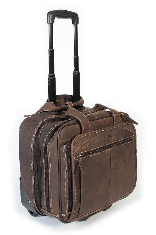 Alpine Leather Business Trolley - Denver (Handmade) - Sustainable organic leather from local farming | Trolley hand luggage, briefcase with wheels *Fairly produced* (40x40x25cm, Old Havana)