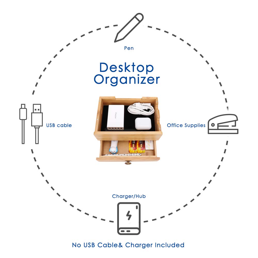 iCozzier 4 Slot Detachable Bamboo Watch Stand With Drawer Charging Station for Multiple Devices Dock for iWatch, Smartphones, Tablets, Laptops