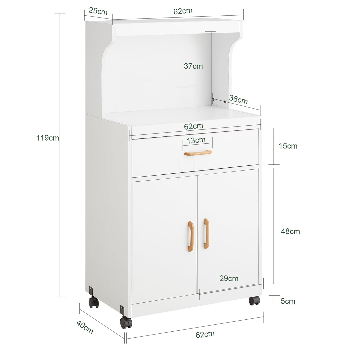 SoBuy® FSB12-W Microwave Cabinet with Wheels Kitchen Cabinet Kitchen Trolley Drinks Trolley with 2 Shelves, 2 Doors and 1 Drawer, White Dimensions approximately: 62x119x40cm