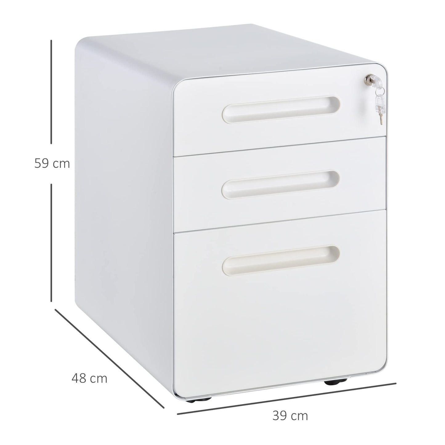 Vinsetto 3-drawer mobile file cabinet with lockable casters, includes hanging file organizer and pencil tray. Office under desk storage unit measures 39x48x59cm in white.