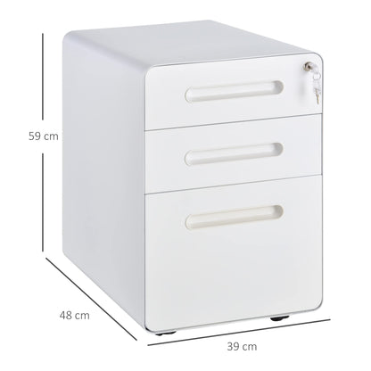 Vinsetto 3-drawer mobile file cabinet with lockable casters, includes hanging file organizer and pencil tray. Office under desk storage unit measures 39x48x59cm in white.